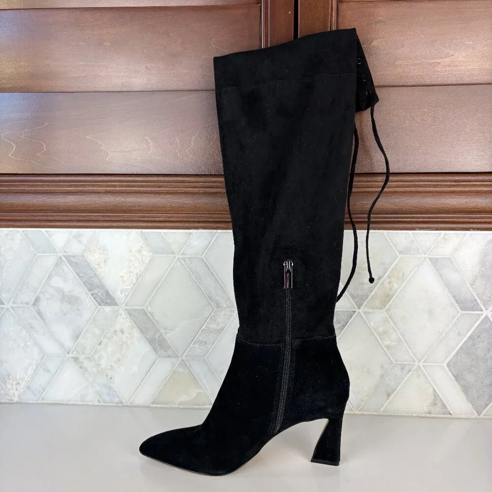 8 Suede Knee High Tall Boot Curvy Heel Pointed Toe Leather Suede Tie Taplana